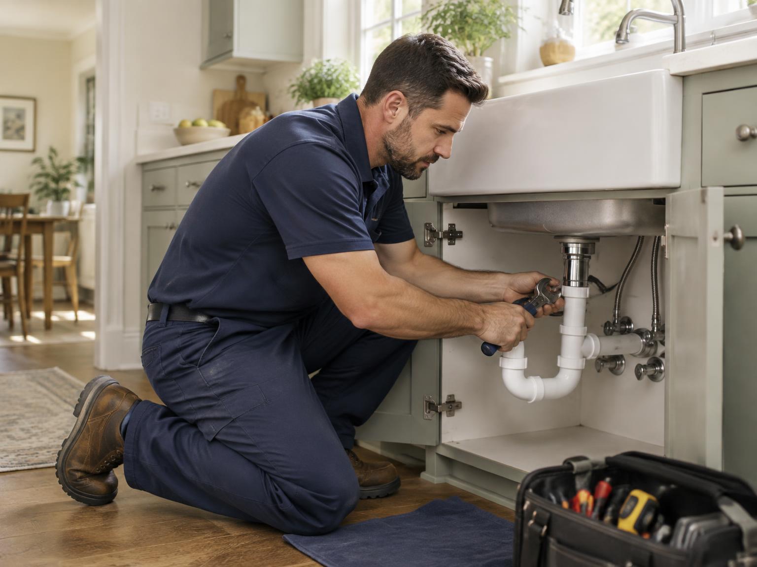 Plumber working beneath a kitchen sink