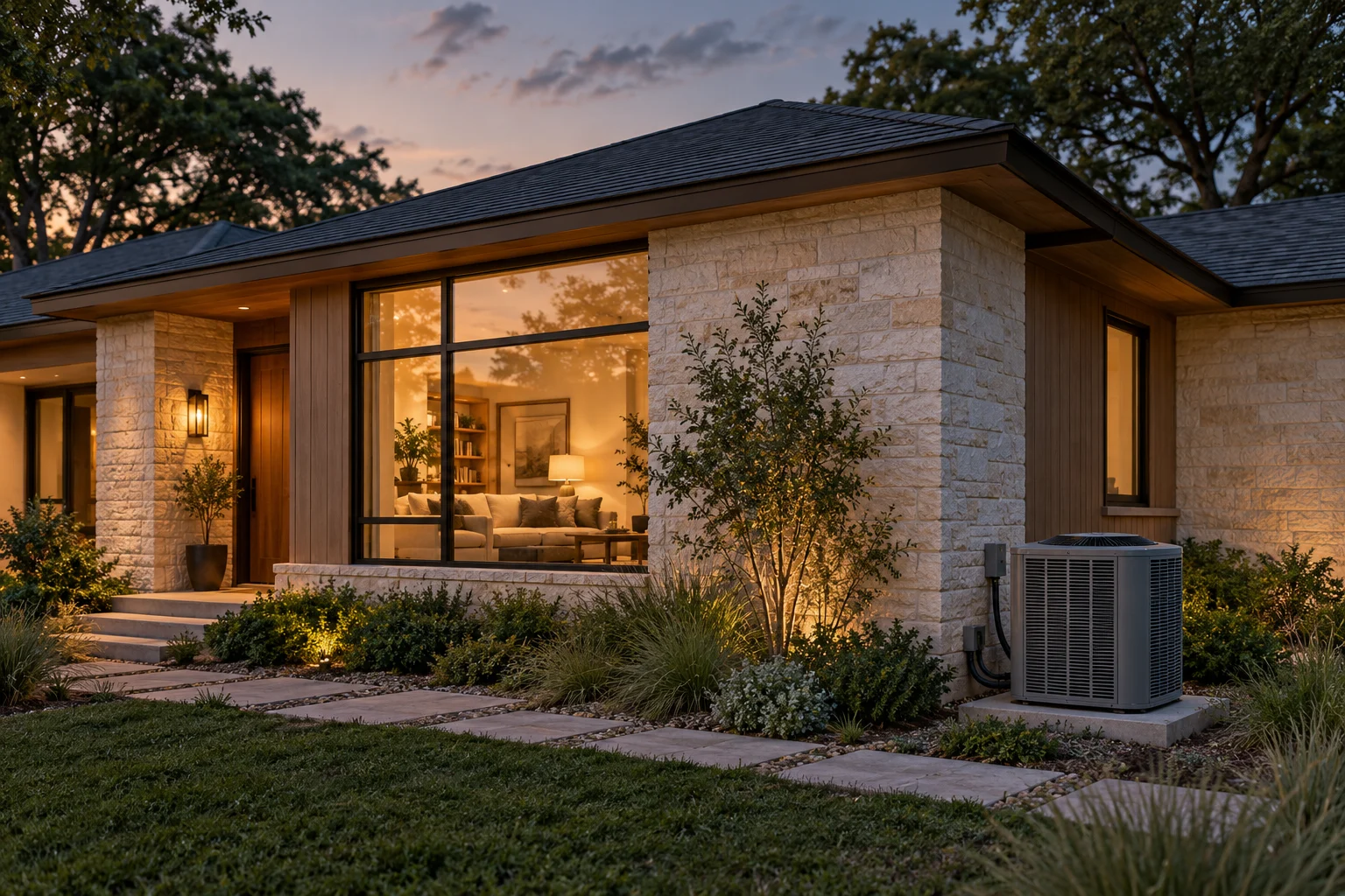 A stone home at dusk with an outdoor AC unit.