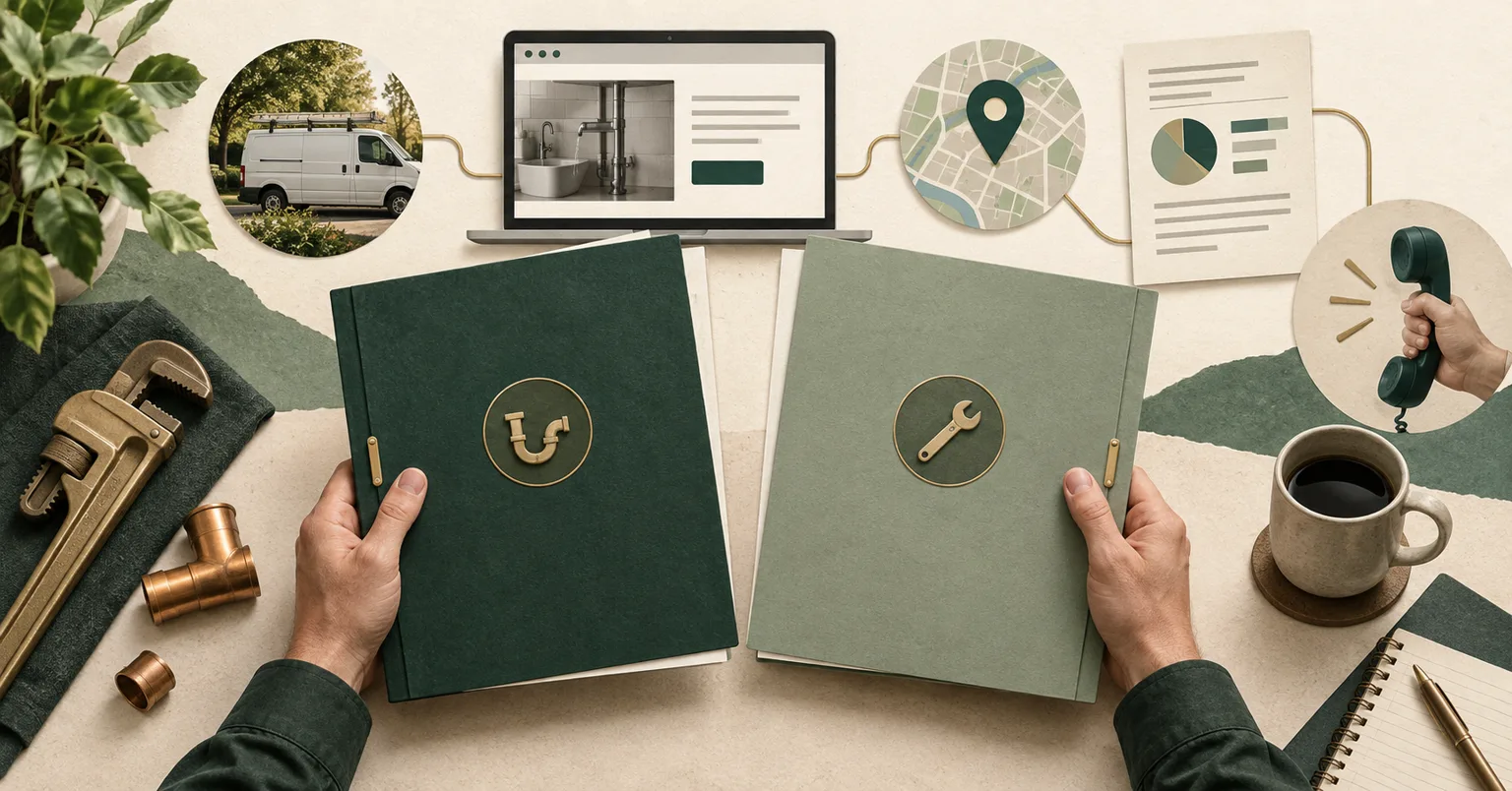 A plumbing-business owner compares SEO proposals alongside website, local visibility, reporting, and inquiry-path symbols.