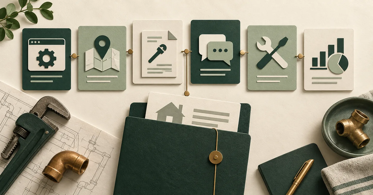 Connected planning cards represent technical SEO, local visibility, content, implementation, reporting, and cost.