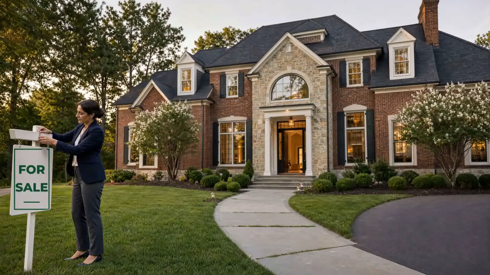 A warm stone-and-brick home as a realtor prepares a For Sale sign.